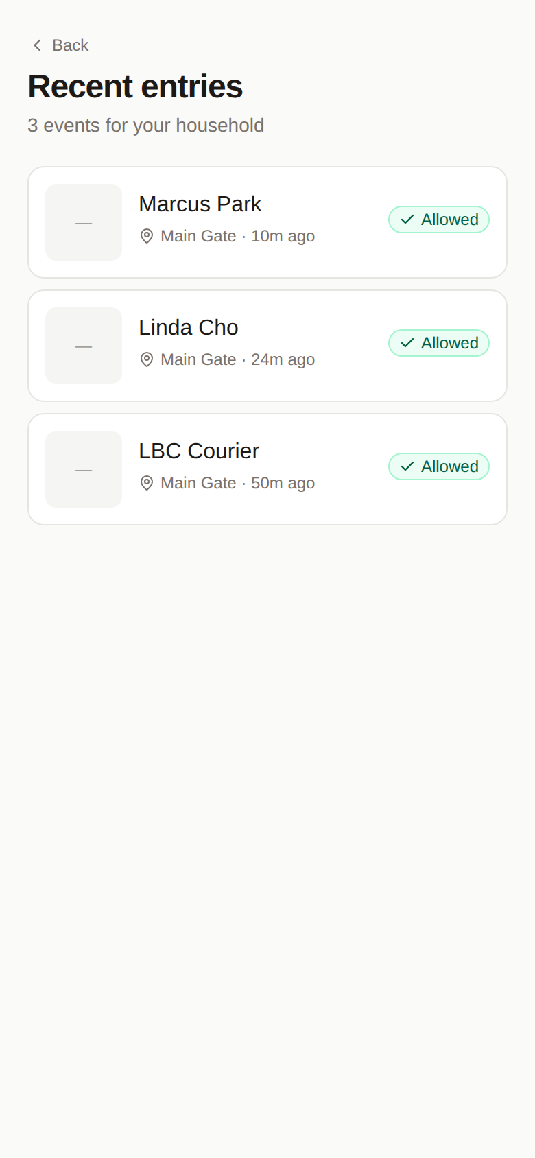 Resident entry events log