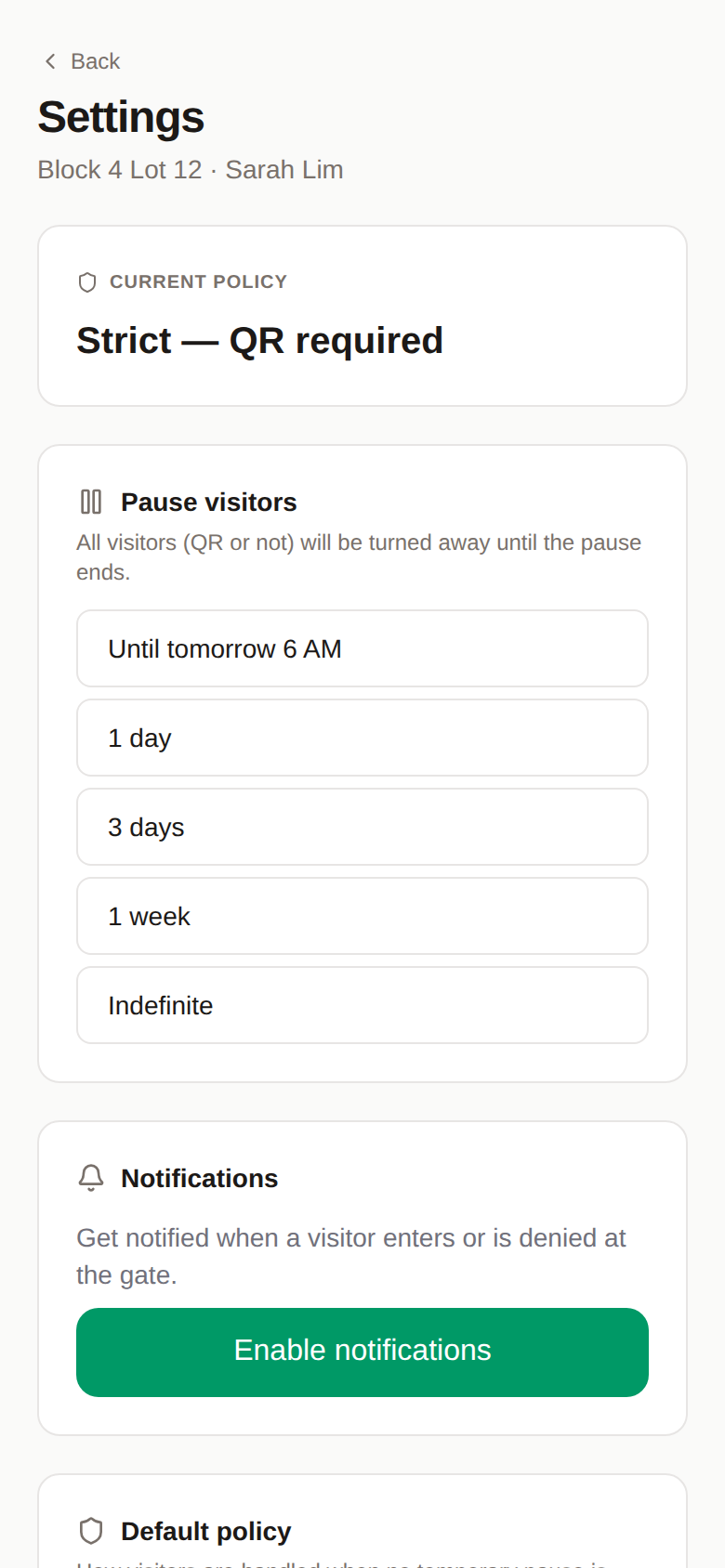 Resident settings: visitor policy and pause